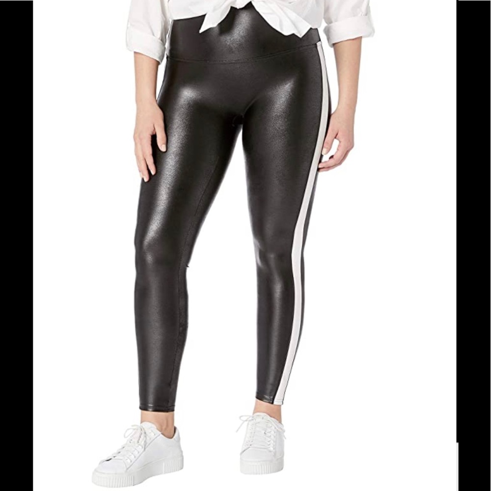 Spanx faux leather black and white stripe leggings